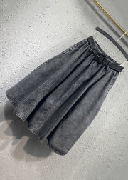 Casual Black Gray Elastic Waist Pleated Pocket Denim Skirt Autumn