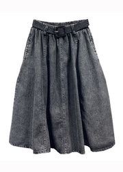 Casual Black Gray Elastic Waist Pleated Pocket Denim Skirt Autumn