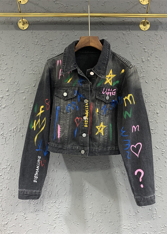 Casual Black Gray Lapel Graffiti Denim Jacket Autumn