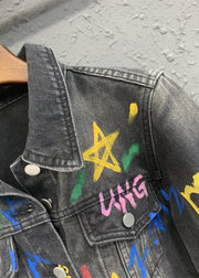 Casual Black Gray Lapel Graffiti Denim Jacket Autumn