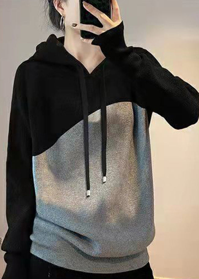 Casual Black Grey drawstring Hooded Patchwork Knit Sweatshirts Top Spring