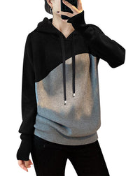 Casual Black Grey drawstring Hooded Patchwork Knit Sweatshirts Top Spring