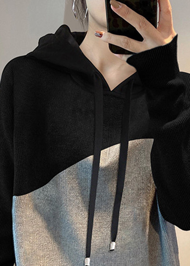 Casual Black Grey drawstring Hooded Patchwork Knit Sweatshirts Top Spring