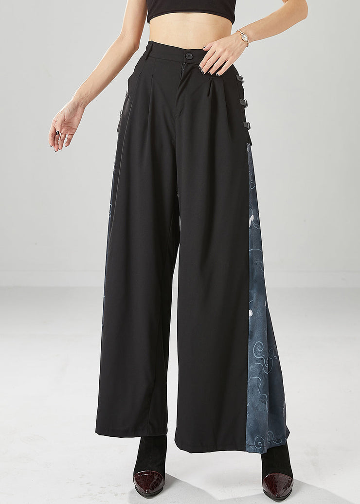 Casual Black High Waist Patchwork Spandex Wide Leg Pants Fall