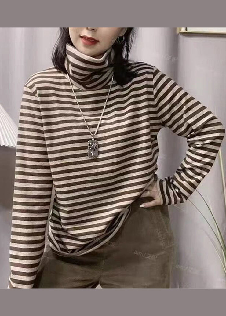 Casual Black Hign Neck Striped Cotton Blouse Top Fall