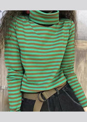 Casual Black Hign Neck Striped Cotton Blouse Top Fall