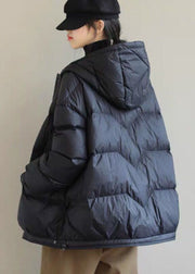 Casual Black Hooded Drawstring Duck Down Puffer Jacket Winter