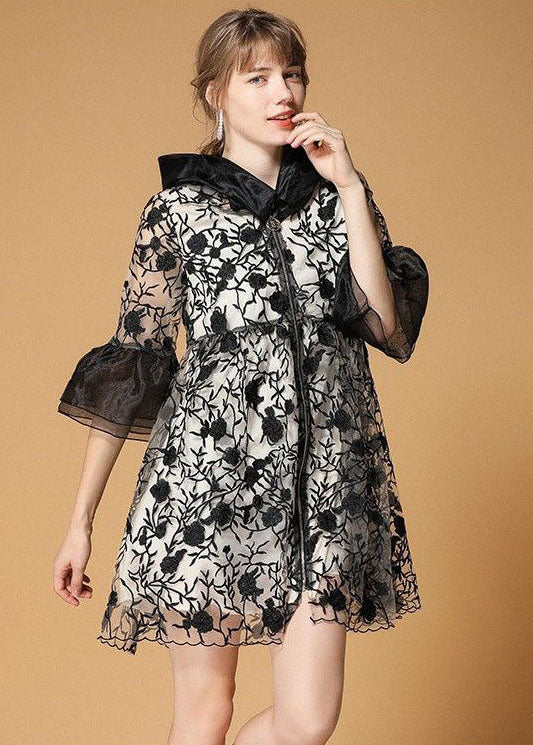 Casual Black Hooded Embroideried Patchwork Organza Coats Half Sleeve