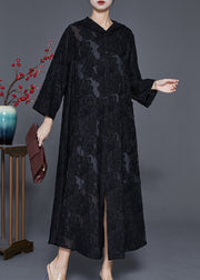 Casual Black Hooded Jacquard Lace Robe Dresses Spring