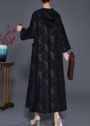 Casual Black Hooded Jacquard Lace Robe Dresses Spring