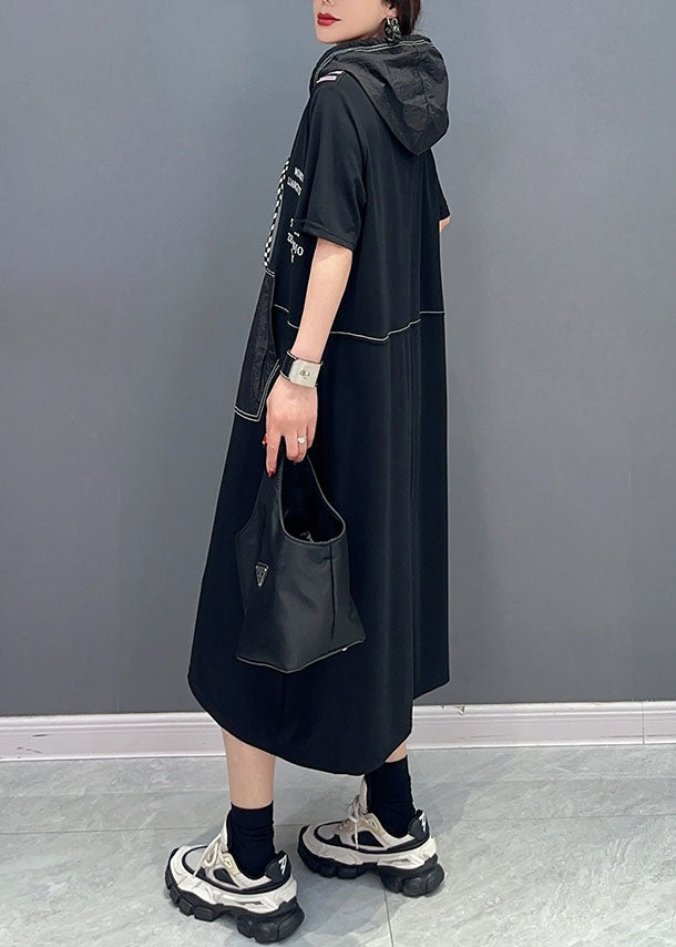 Casual Black Hooded Letter Pockets Patchwork Cotton Dress Summer