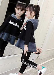 Casual Black Hooded Patchwork Denim Baby Girls Top Fall