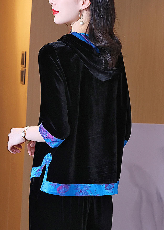 Casual Black Hooded Patchwork Silk Velour Pullover Sweatshirt Half sleeve