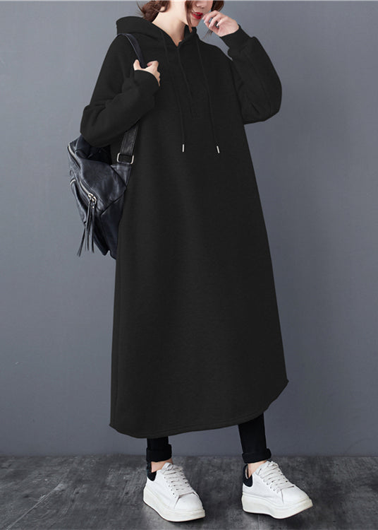 Casual Black Hooded Patchwork Warm Fleece Long Dresses Winter