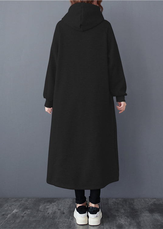 Casual Black Hooded Patchwork Warm Fleece Long Dresses Winter