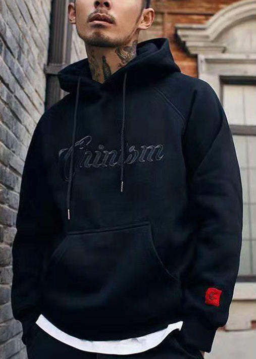 Casual Black Hooded Pockets Warm Fleece Men Sweatshirt Spring