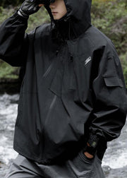 Casual Black Hooded Pockets Waterproof Men Coat Spring