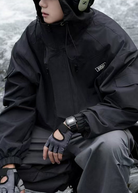 Casual Black Hooded Pockets Waterproof Men Coat Spring