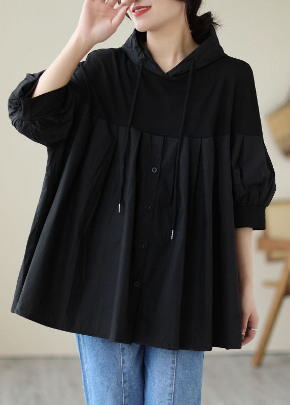 Casual Black Hooded Wrinkled Patchwork Cotton T Shirt Top Summer