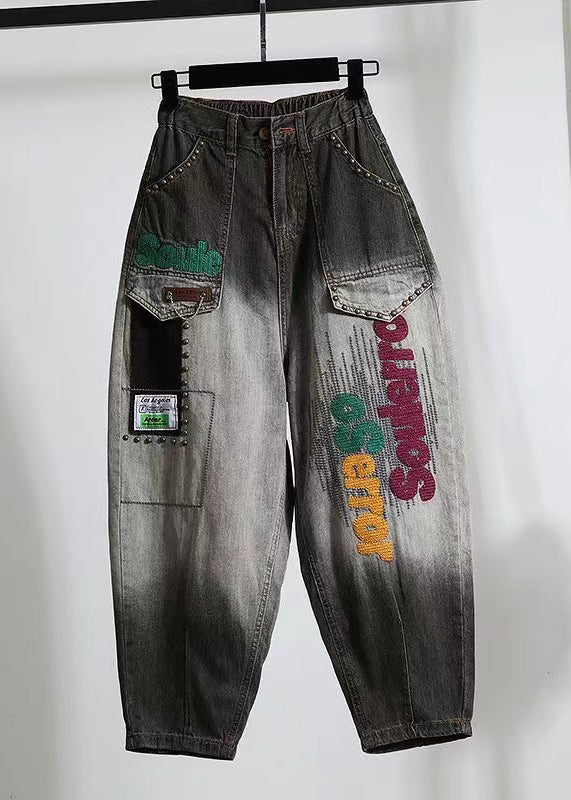 Casual Black Letter Embroidered Pockets Denim Pants Spring