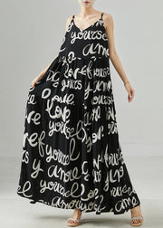 Casual Black Letter Print Chiffon Spaghetti Strap Dress Summer