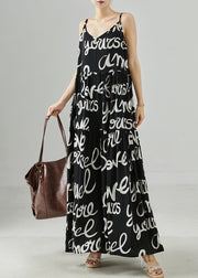 Casual Black Letter Print Chiffon Spaghetti Strap Dress Summer