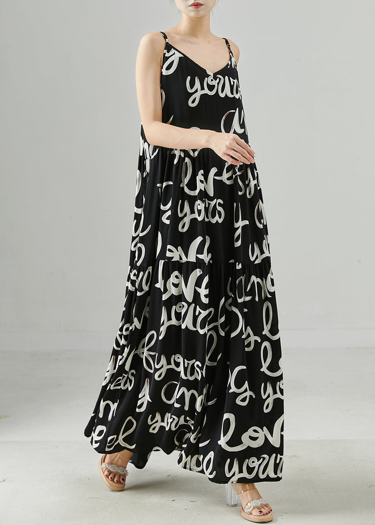 Casual Black Letter Print Chiffon Spaghetti Strap Dress Summer