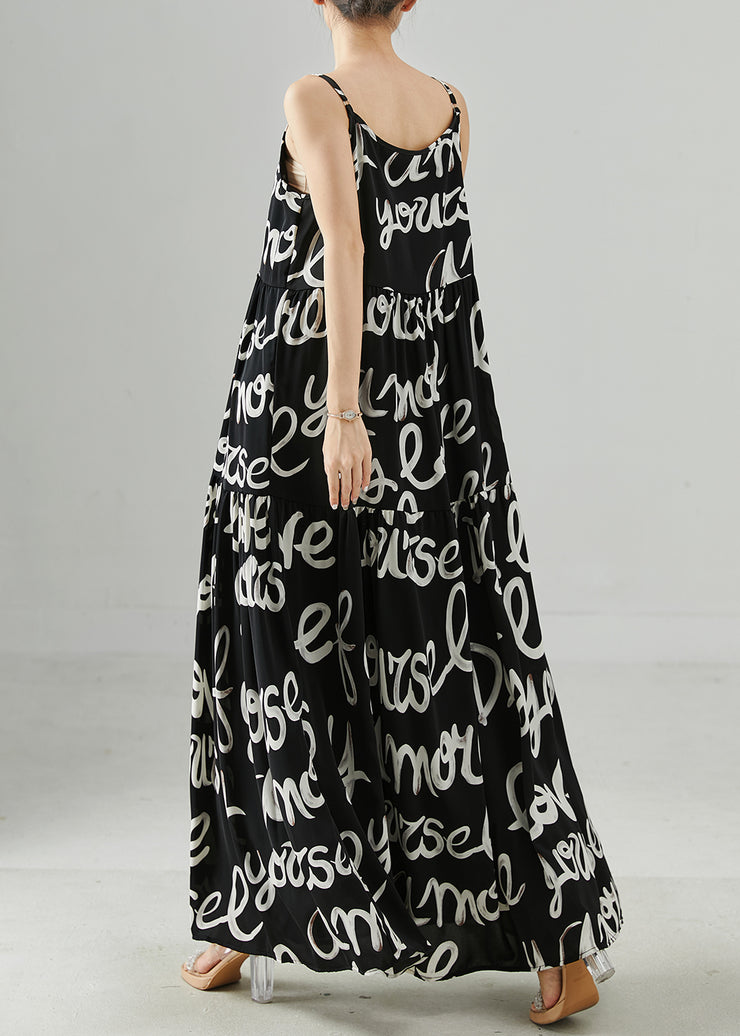 Casual Black Letter Print Chiffon Spaghetti Strap Dress Summer