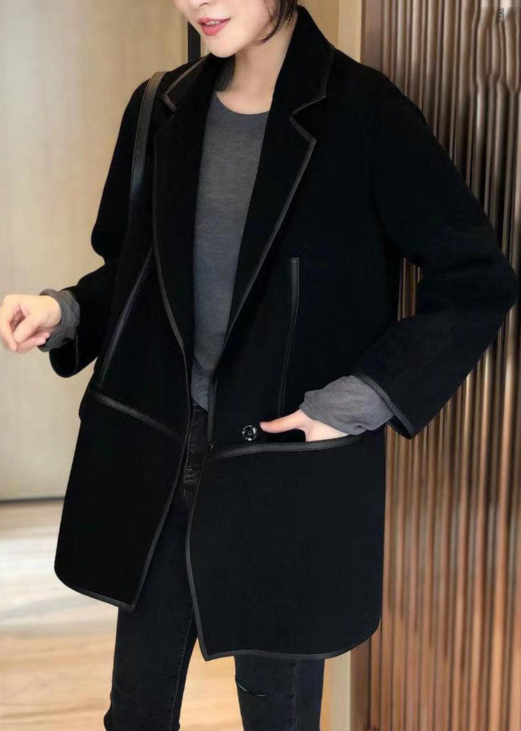 Casual Black Notched Patchwork Pockets Wool Blend Coat Fall