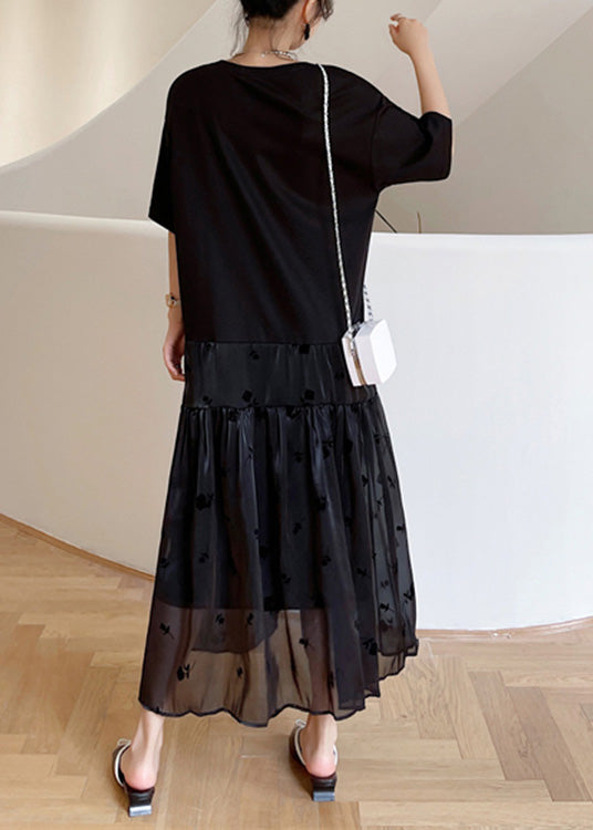 Casual Black O-Neck Bow Tulle Patchwork Cotton Maxi Dresses Summer