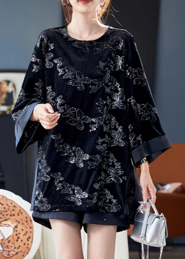 Casual Black O-Neck Butterfly Sequins T Shirt Long Sleeve