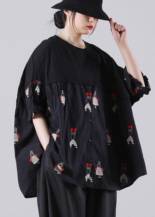 Casual Black O-Neck Embroideried Patchwork Cotton Shirts Short Sleeve