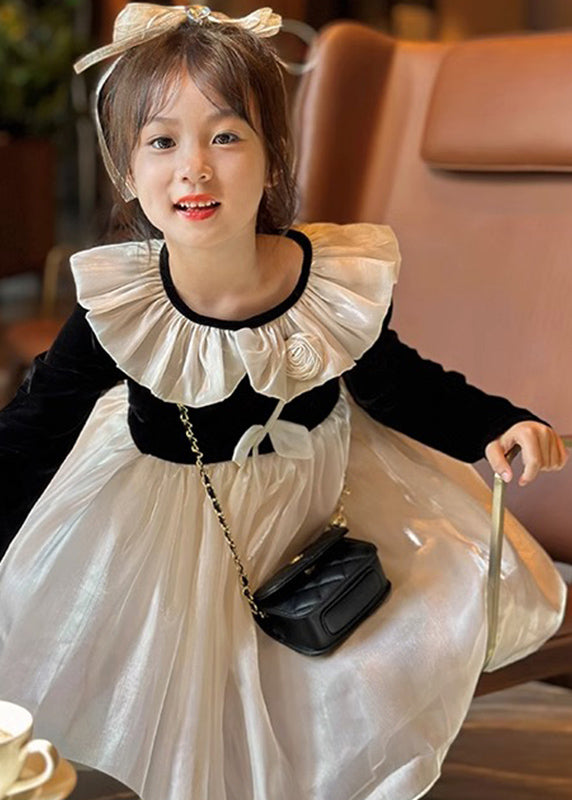 Casual Black O-Neck Floral Kids Long Dress Long Sleeve