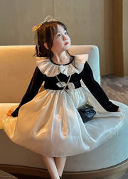 Casual Black O-Neck Floral Kids Long Dress Long Sleeve