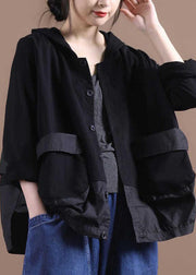 Casual Black O-Neck Patchwork Pockets Button Hooded Coat Long Sleeve