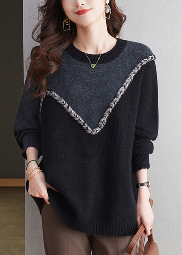 Casual Black O Neck Patchwork Woolen Knit Sweaters Spring