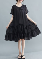 Casual Black O-Neck Patchwork Wrinkled Cotton Dresses Summer