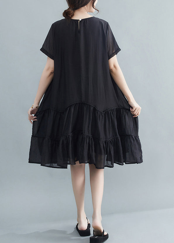 Casual Black O-Neck Patchwork Wrinkled Cotton Dresses Summer