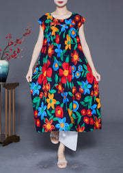 Casual Black O-Neck Print Cotton Maxi Dress Summer