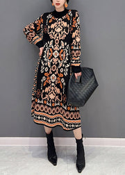 Casual Black O-Neck Print Knit Long Dress Winter