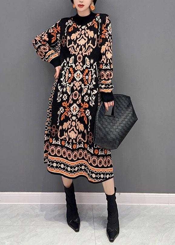 Casual Black O-Neck Print Knit Long Dress Winter