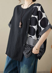 Casual Black O Neck Print Patchwork Cotton T Shirt Tops Summer