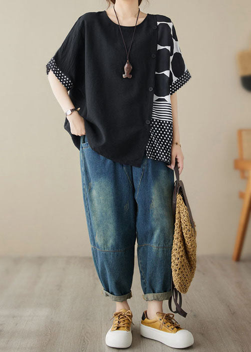 Casual Black O Neck Print Patchwork Cotton T Shirt Tops Summer