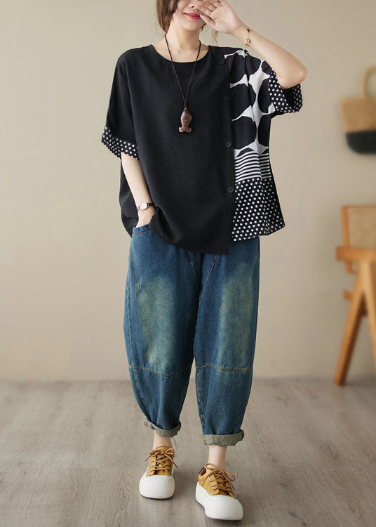 Casual Black O Neck Print Patchwork Cotton T Shirt Tops Summer