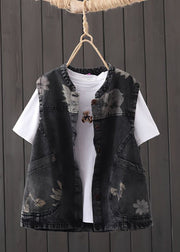 Casual Black O-Neck Print Pockets Button Denim Waistcoat Sleeveless