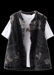 Casual Black O-Neck Print Pockets Button Denim Waistcoat Sleeveless