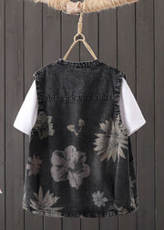 Casual Black O-Neck Print Pockets Button Denim Waistcoat Sleeveless