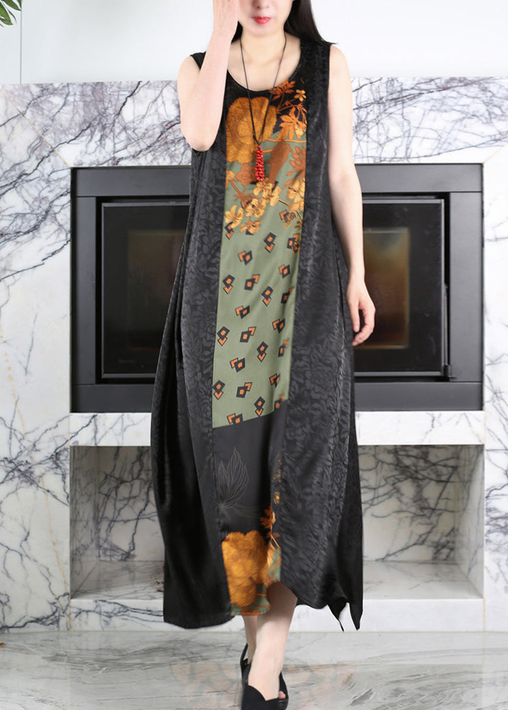 Casual Black O-Neck Print Side Open Silk Maxi Dress Summer