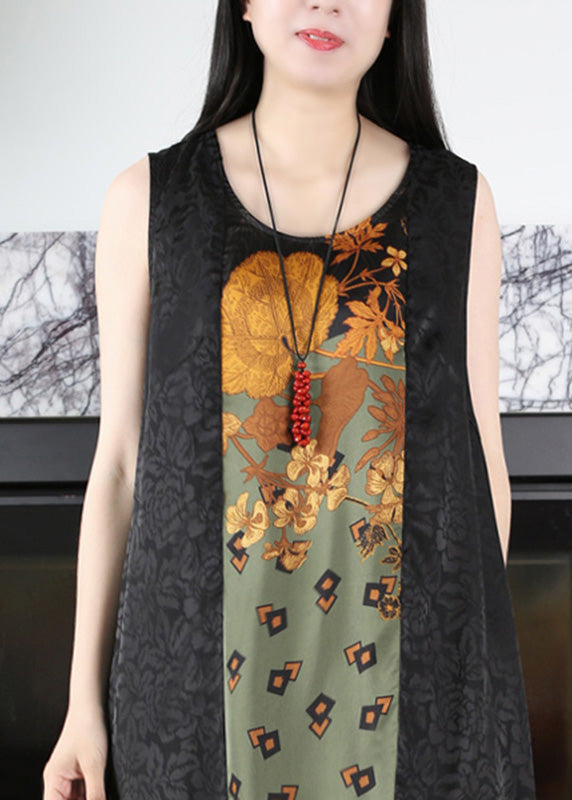 Casual Black O-Neck Print Side Open Silk Maxi Dress Summer