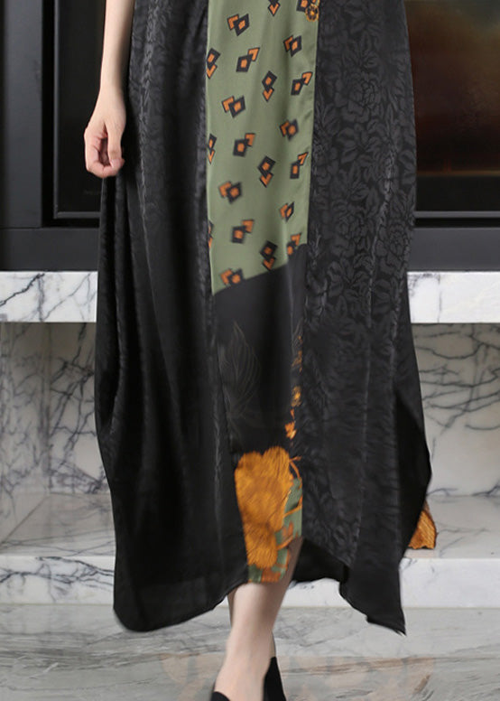 Casual Black O-Neck Print Side Open Silk Maxi Dress Summer